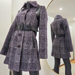 Mackage Wool-Blend Coat – Purple Plaid with Black Leather Accents – XS